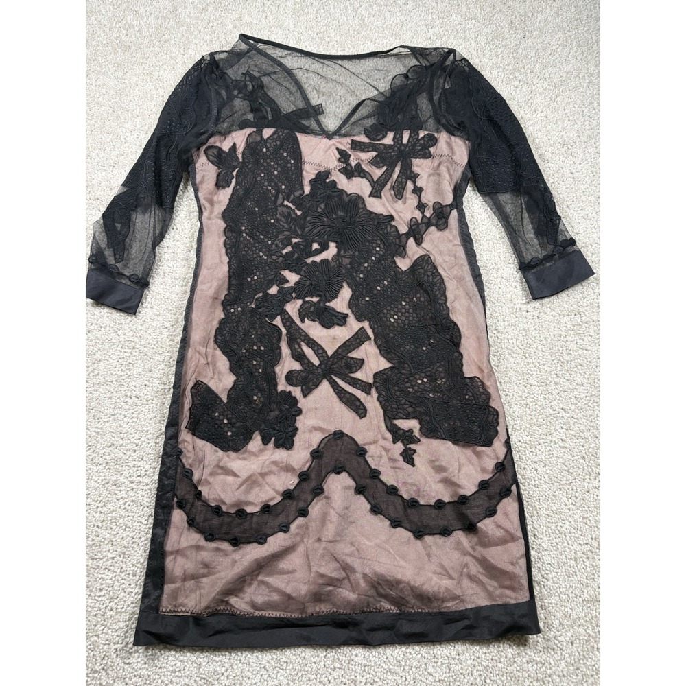 Yoana Baraschi Pink Dress with Black Lace Mesh Overlay & 3/4 Sleeves Size 8